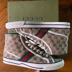 Gucci Tan and Red Patterned Sneakers